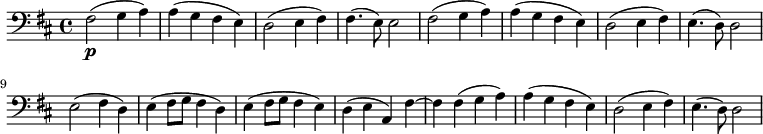 
\new Score {
  \new Staff {
    \relative c {
\set Staff.midiInstrument = #"cello"
\set Score.tempoHideNote = ##t \tempo 2 = 60
      \time 4/4
      \key d \major
      \clef bass

      fis2\p( g4 a) | a4( g fis e) | d2( e4 fis) | fis4.( e8) e2 |
      fis2( g4 a) | a4( g fis e) | d2( e4 fis) | e4.( d8) d2 | \break
        e( fis4 d) | e( fis8 g fis4 d) | e( fis8 g fis4 e) | d( e a,) fis'~ |
        fis fis( g a) | a( g fis e) | d2( e4 fis) | e4.( d8) d2
    }
  }
}
