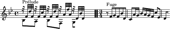 
\version "2.18.2"
\header {
  tagline = ##f
}

\score {
  \new Staff \with {

  }
<<
  \relative c' {
    \key bes \major
    \time 4/4
	\set Staff.midiInstrument = #"harpsichord" 

     %% INCIPIT CBT I-21, BWV 866, si-bémol majeur
     << { r32^\markup{Prélude} f d' f, r32 f c' f, r32 f d' f, r32 a f' a, r32 d,[ bes' d,] } \\ { bes8 a bes[ f] \once \override Staff.TimeSignature #'stencil = ##f \time 2/8
{ 
 % suppression des warnings :
 #(ly:set-option 'warning-as-error #f)
 #(ly:expect-warning (_ "stem does not fit in beam")) %% <= à traduire éventuellement
 #(ly:expect-warning (_ "beam was started here")) %% <= à traduire éventuellement
  \set stemRightBeamCount = #1
  g4*1/2[ s]
}
 } >> \bar ".."
     \time 3/4 \partial 2.
     r8^\markup{Fuge} f'8 g f bes d, c a'16 g bes a g f c'8 ees, 
{ 
 % suppression des warnings :
 #(ly:set-option 'warning-as-error #f)
 #(ly:expect-warning (_ "stem does not fit in beam")) %% <= à traduire éventuellement
 #(ly:expect-warning (_ "beam was started here")) %% <= à traduire éventuellement
  \set stemRightBeamCount = #1
  d4*1/2[ s]
} 
  }
>>
  \layout {
     \context { \Score \remove "Metronome_mark_engraver" 
     \override SpacingSpanner.common-shortest-duration = #(ly:make-moment 1/2) 
}
  }
  \midi {}
}
