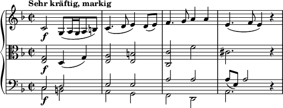 \relative c' {  \new PianoStaff <<    \new Staff {      \set Staff.midiInstrument = #"string ensemble 1" \key f \major \clef treble \time 2/2 \set Score.tempoHideNote = ##t \tempo "Sehr kräftig, markig" 2 = 22      c2 \f g8( a16 g16 a8 b8 ) |      c4.( d8 e4 ) d8( e8) |      f4. g8 a4 a4 |      e4.( f8 e4 ) r4 |    }  \new Staff {      \set Staff.midiInstrument = #"string ensemble 1" \key f \major \clef alto \time 2/2       <g, e>2 \f d4( g4 ) |      <a e>2 <b e,>2 |      <c, c'>2 f'2 |      cis2. r4 |    }    \new Staff <<      \new Voice {        \set Staff.midiInstrument = #"string ensemble 1" \stemDown \clef bass \key f \major \time 2/2        c,2 \f b2 |        a2 g2 |        f2 d2 |        a'2. s4 |      }      \new Voice {        \stemUp        c2 d2 |        e2 e2 |        a2 a2 |        a8 ( e8) a2 r4 |      }    >>  >>}