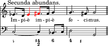 
\version "2.14.2"
\header {
 tagline = ##f
 }
melody = \relative c' {
 \override Score.TimeSignature.stencil=##f
 \key c \major
 \time 2/2
 \tempo 4 = 72
\once \override Score.RehearsalMark.self-alignment-X = #LEFT \mark "Secunda abundans." es8. d16 \tweak NoteHead.color #red \tweak Stem.color #red \tweak Accidental.color #red es4 \tweak NoteHead.color #red \tweak Stem.color #red \tweak Accidental.color #red fis8. fis16 g4 | g4. fis8 g2 \bar "||"}

\addlyrics { Im -- pi -- è im -- pi -- è fe -- ci -- mus. }

bass = \relative c {
 \override Score.TimeSignature.stencil=##f
 \clef bass
 \key c \major
 \time 2/2
 \tempo 4 = 72
c2~ c4 bes8. c16 | d2 g, }

\score {
 \new pianoStaff
 << \new Staff = "melody" \melody
 \new Staff = "bass" \bass
 \new FiguredBass { \figuremode { <_->2 <4+ 2>4 <6>4 | <4> <_+> } } >>
 \layout {
\override Staff.TimeSignature.transparent =##t
 \context {
 \Score
 \remove "Metronome_mark_engraver"
% \remove "Staff_collecting_engraver"
 \remove "Bar_number_engraver"
 }
 indent = 0
 }
 \midi { }
}
