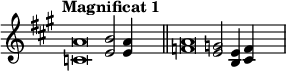 
\language "français" % pour avoir du sol, la etc...
\relative { \key la \major \tempo " Magnificat 1"   % clefs, titre 
            \override Score.TimeSignature.stencil = ##f %Enlève la clef de Do
            \set Score.tempoHideNote = ##t \tempo 4 = 200 \cadenzaOn % rythme pour le midi, retrait des barre auto
            \override Score.SpacingSpanner.common-shortest-duration = #(ly:make-moment 1 2) %Espace entre les notes 1/2 c’est bien.
<la' do,>\breve <si mi,>2 <la mi>4  s2\bar "||" %une apostrophe, un brève, 1=ronde, 2=blanche, 4=noire, s=silence 
<la fa>\breve <sol mi>2 <mi si>4 <fa do>4 s2\bar "|"
   \cadenzaOff }
