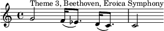 \ relative c '{g'2^"Theme 3, Beethoven, Eroica Symphony" f16 (ees8.) d16 (c8.) c2} 
