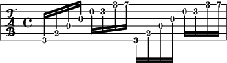 
\new TabStaff {
  \relative c {
    \tabFullNotation
    g16 b d g b d g b
    \stemDown
    \override Beam.concaveness = #10000
    g,,16 b d g b d g b
  }
}
