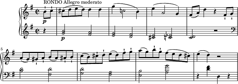 
\version "2.18.2"
\header {
  tagline = ##f
}
upper = \relative c' {
         \clef "treble" 
         \tempo "Allegro moderato"
         \key g \major
         \time 2/2 
         \tempo 4 = 140
         \partial 8 b'8-! \p ^\markup {RONDO Allegro moderato} c-!
         cis8 (d e d) d4 d
         g (c,!2 b4)
         e4 (a,2 g4)
         fis8 (a) d4 r fis,8-! g-!
         a (g) gis-! a-! b (a) ais-! b-!
         c (b) cis-! d-! e (d) fis-! g-!
          a (g) b-! g-! fis (e d cis) 
          e4 (d) r2
}

lower =\relative c' {      
         \clef "treble"  
         \key g \major
         \time 2/2
     \partial 4 r4 <g' b>2 \p <fis a> <e g> <d fis> <cis e> <c ees> <c d> r2 
     \clef "bass" <b d> <fis d'> <g d'> <fis a> <e b'> <a g'>
      r4 <d fis> d, r
  }     
\score {
  \new PianoStaff <<  
    \new Staff = "upper" \upper
    \new Staff = "lower" \lower
  >>
  \layout {
    \context {
      \Score
      \remove "Metronome_mark_engraver"
    }
  }
  \midi { }
}
