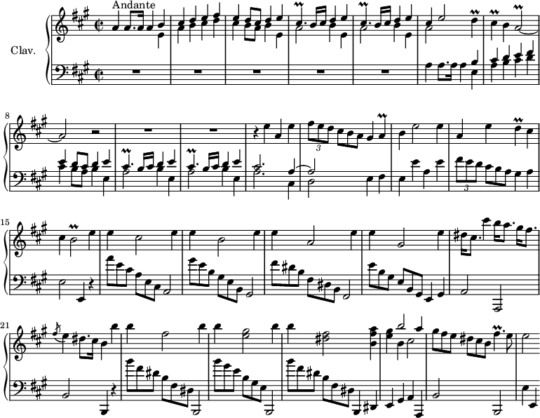 
\version "2.18.2"
\header {
  tagline = ##f
  % composer = "Domenico Scarlatti"
  % opus = "K. 499"
  % meter = "Andante"
}

%% les petites notes
trillCisp      = { \tag #'print { cis4.\prall } \tag #'midi { d32 cis d cis~ cis4 } }
trillD         = { \tag #'print { d4\prall } \tag #'midi { e32 d e d~ d8 } }
trillCis       = { \tag #'print { cis4\prall } \tag #'midi { d32 cis d cis~ cis8 } }
trillAb        = { \tag #'print { a2\prall~ } \tag #'midi { b32 a b a~ a8~ a4~ } }
trillA         = { \tag #'print { a4\prall } \tag #'midi { b32 a b a~ a8~ } }
trillFispUp    = { \tag #'print { fis'4.\prall } \tag #'midi { gis32 fis gis fis~ fis4 } }
trillBb        = { \tag #'print { b2\prall } \tag #'midi { cis32 b cis b~ b8~ b4 } }

upper = \relative c'' {
  \clef treble 
  \key a \major
  \time 2/2
  \tempo 2 = 69
  \set Staff.midiInstrument = #"harpsichord"
  \override TupletBracket.bracket-visibility = ##f

      s8*0^\markup{Andante}
      a4 a8. a16 a4 << { b4 | cis d e fis | e d8 cis d4 e | \repeat unfold 2 { \trillCisp b16 cis d4 e } } \\ { e,4 | a b cis d | cis b8 a b4 | e, | \repeat unfold 2 { a2 b4 e, }  } >>
      % ms. 6
      << { cis'4 e2 } \\ { a,2 } >> \trillD | \trillCis b4 \trillAb a2 r2 | R1*2 |
      % ms. 11
      r4 e'4 a, e' | \times 2/3 { fis8 e d } \omit TupletNumber \times 2/3 { cis8[ b a] } gis4 \trillA | b4 e2 e4 | a, e' \trillD cis4 |
      % ms. 15
      cis4 \trillBb e4 | e cis2 e4 | e b2 e4 | e a,2 e'4 | 
      % ms. 19
      e gis,2 e'4 | dis16 cis8. cis'4 b16 a8. gis16[ fis8.] | \acciaccatura fis8 e4 dis8. cis16 b4 b' | b fis2 b4 |
      % ms. 23
      b4 < e, gis >2 b'4 | b < dis, fis >2 < b fis' a >4 | < e gis > << { b'2 a4 } \\ { b,4 cis2 } >> | \times 2/3 { gis'8 fis e } \times 2/3 { dis8[ cis b] } \trillFispUp e8 |
      % ms. 27
      e2 

}

lower = \relative c' {
  \clef bass
  \key a \major
  \time 2/2
  \set Staff.midiInstrument = #"harpsichord"
  \override TupletBracket.bracket-visibility = ##f

    % ************************************** \appoggiatura a16  \repeat unfold 2 {  } \times 2/3 { }   \omit TupletNumber 
      R1*5 |
      % ms. 6
      a4 a8. a16 a4 << { b4 | cis d e fis | e d8 cis d4 e | \repeat unfold 2 { \trillCisp b16 cis d4 e } } \\ { e,4 | a b cis d | cis b8 a b4 | e, | \repeat unfold 2 { a2 b4 e, }  } >>
      % ms. 11
      << { cis'2. a4~ | a2 } \\ { a2. cis,4 | d2 } >> e4 fis | e e' a, e' | \times 2/3 { fis8 e d } \omit TupletNumber \times 2/3 { cis8[ b a] } gis4 a |
      % ms. 15
      e2 e,4 r4 | \times 2/3 { a''8 e cis } \times 2/3 { a8[ e cis] } a2 | \times 2/3 { gis''8 e b } \times 2/3 { gis8[ e b] } gis2 | \times 2/3 { fis''8 dis b } \times 2/3 { fis8[ dis b] } fis2
      % ms. 19
      \times 2/3 { e''8 b gis } \times 2/3 { e8[ b gis] } e4 gis | a2 a, | b' b,4 r4 | \times 2/3 { b'''8 fis dis } \times 2/3 { b8[ fis dis] } b,2
      % ms. 23
      \times 2/3 { b'''8 gis e } \times 2/3 { b8[ gis e] } b,2 | \times 2/3 { b'''8 fis dis } \times 2/3 { b8[ fis dis] } b,4 dis | e gis a a, | b'2 b, |
      % ms. 27
      e'4 e, 

}

thePianoStaff = \new PianoStaff <<
    \set PianoStaff.instrumentName = #"Clav."
    \new Staff = "upper" \upper
    \new Staff = "lower" \lower
  >>

\score {
  \keepWithTag #'print \thePianoStaff
  \layout {
      #(layout-set-staff-size 17)
    \context {
      \Score
     \override SpacingSpanner.common-shortest-duration = #(ly:make-moment 1/2)
      \remove "Metronome_mark_engraver"
    }
  }
}

\score {
  \keepWithTag #'midi \thePianoStaff
  \midi { }
}
