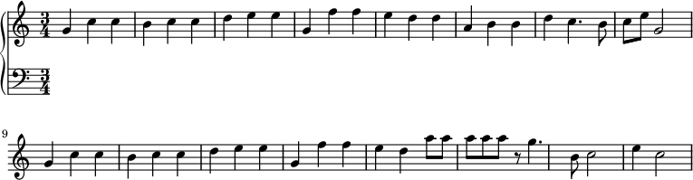 
 \relative c' {
  \new PianoStaff <<
   \new Staff { \key a \minor \time 3/4
    \set Score.tempoHideNote = ##t
     \tempo "" 2. = 64
      g' c c b c c d e e g, f' f e d d a b b d c4. b8 c e g,2 g4 c c b c c d e e g, f' f e d a'8 a a a a r g4. b,8 c2 e4 c2
   }
   \new Staff { \key a \minor \time 3/4 \clef bass
      
   }
  >>
 }
