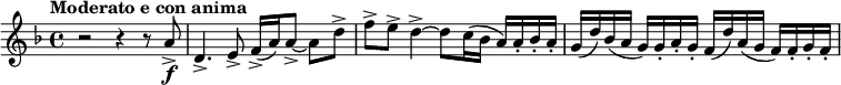 
\relative c' \new Staff {
 \key d \minor \time 4/4 \tempo "Moderato e con anima"
  r2 r4 r8 a'8-> \f d,4.-> e8-> f16->( a) a8-> ~ a d-> f-> e-> d4-> ~ d8 c16( bes a) a-. bes-. a-.
  g( d') bes( a g) g-. a-. g-. f( d') a( g f) f-. g-. f-.
}
