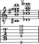  
<<
  %\override Score.BarLine.break-visibility = ##(#f #t #t)
  \time 2/1
    \new Staff  {
    \clef "treble_8"
        \once \override Staff.TimeSignature #'stencil = ##f
        <cis  b eis' gisis' d''>1 | <des  ces' f' a' eeses''>1 |
    }

     \new TabStaff {
       \override Stem #'transparent = ##t
       \override Beam #'transparent = ##t 
      s2 <cis\6  b\4 f'\3 a'\2 d''\1>1 s2
  }
>>
