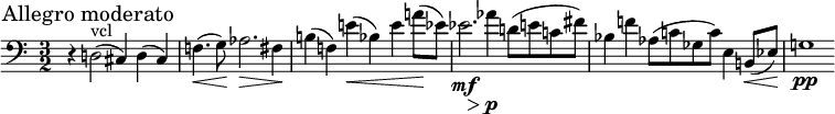 
\relative c'' {
\set Staff.midiInstrument = #"string ensemble 1"
\set Score.tempoHideNote = ##t \tempo 2 = 50
\time 3/2
\set Score.barNumberVisibility = #all-bar-numbers-visible
\override TupletBracket #'stencil = ##f
\set Score.currentBarNumber = #1
   \key c\major
\clef bass
% Permit first bar number to be printed
\bar ""
r4\mark "Allegro moderato" d,,!2^"vcl"( cis4) d( cis) | f!4.(\< g8)\! as2.\> fis4\! | b!( f!) e'!(\< bes) e a!8(\! es) | <<es2.{s4\mf s\> s } >> as4\p d,!8( e! c! fis) | bes,4 f'! as,8( c! ges c) e,4 b!8(\< es)\! | g!1\pp

}
