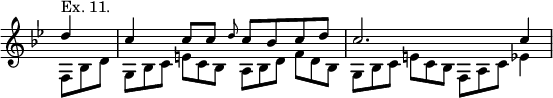 { \key bes \major \override Score.TimeSignature #'stencil = ##f \partial 4 \relative d'' << { d4^"Ex. 11." c c8 c \grace d c bes c d | c2. c4 } \\ { \override TupletNumber #'stencil = ##f \override TupletBracket #'bracket-visibility = ##f \times 2/3 { f,,8 bes d } \times 2/3 { g, bes c } \times 2/3 { e c bes } \times 2/3 { a bes d } \times 2/3 { f d bes } | \times 2/3 { g bes c } \times 2/3 { e c bes } \times 2/3 { f a c } ees4 } >> }