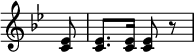 { \override Score.BarNumber #'break-visibility = #'#(#f #f #f) \override Score.Rest #'style = #'classical \override Score.TimeSignature #'stencil = ##f \time 2/4 \partial 8 \key bes \major <ees' c'>8 q8. q16 q8 r }