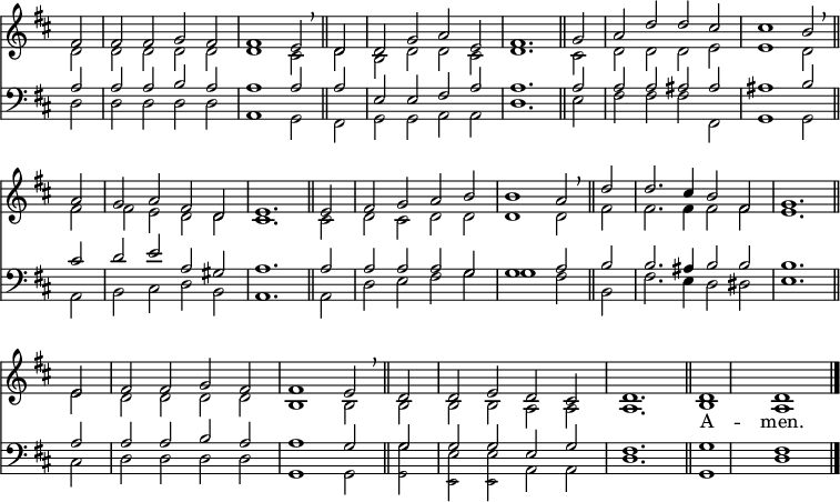 
<< <<
\new Staff { \clef treble \time 4/2 \key d \major \partial 2 \set Staff.midiInstrument = "church organ" \omit Staff.TimeSignature \set Score.tempoHideNote = ##t \override Score.BarNumber  #'transparent = ##t
  \relative c'
  << { fis2 | 2 2 g fis | fis1 e2 \breathe \bar"||"
       d | d g a e | fis1. \bar"||"
       g2 | a d d cis | cis1 b2 \breathe \bar"||" \break
       a | g a fis d | e1. \bar"||"
       e2 | fis g a b | b1 a2 \breathe \bar"||"
       d | d2. cis4 b2 fis | g1. \bar"||" \break
       e2 | fis fis g fis | fis1 e2 \breathe \bar"||"
       d | d e d cis d1. \bar"||" d1 d \bar"|." } \\
  { d2 | d d d d | d1 cis2 d | b d d cis | d1. cis2 | d d d e | e1 d2
    fis2 | 2 e d d | cis1. 2 | d cis d d | d1 2 fis | fis2. 4 2 2 | e1.
    e2 | d d d d | b1 2 2 | 2 2 a a | a1. | b1 a } >>
}
\addlyrics { _ _ _ _ _ _ _ _ _ _ _ _ _ _ _ _
             _ _ _ _ _ _ _ _ _ _ _ _ _ _ _ _ 
             _ _ _ _ _ _ _ _ _ _ _ _ _ _ _ _ _ _ _ _ A -- men. }
\new Staff { \clef bass \key d \major \set Staff.midiInstrument = "church organ" \omit Staff.TimeSignature
  \relative c'
  << { a2 | a a b a | a1 2 2 | e e fis a | a1. 2 | 2 2 ais ais | ais1 b2
       cis | d e a, gis | a1. 2 | 2 2 2 g | g1 a2 b | b2. ais4 b2 b | b1.
       a2 a a b a | a1 g2 g | g g e g | fis1. | g1 fis } \\
  { d2 | d d d d | a1 g2 fis | g g a a | d1. e2 | fis fis fis fis, | g1 g2
    a | b cis d b | a1. 2 | d e fis g | g1 fis2 b, | fis'2. e4 d2 dis | e1.
    cis2 | d d d d | g,1 2 g' | e e a, a | d1. | g,1 d' } \\
      \tiny \stemDown \shiftOff { s2 | s1 s | s s | s s | s s | s s | s s
      s s | s s | s s | s s | s s | s s 
      s s | s s2 g, | e e } >>
}
>> >>
\layout { indent = #0 }
\midi { \tempo 2 = 70 }
