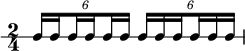  \new RhythmicStaff {
  \clef percussion
  \time 2/4
  \set Score.tempoHideNote = ##t \tempo 4 = 100
  \tuplet 6/4 { c16 \set stemRightBeamCount = #1 c \set stemLeftBeamCount = #1 c \set stemRightBeamCount = #1 c \set stemLeftBeamCount = #1 c c }
  \tuplet 6/4 { c16 c \set stemRightBeamCount = #1 c \set stemLeftBeamCount = #1 c c c }
}
