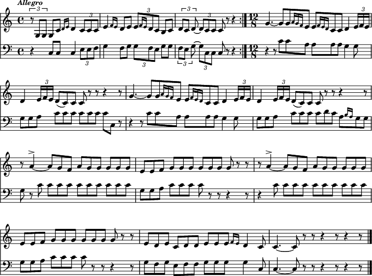 << \override Score.BarNumber #'break-visibility = #'#(#f #f #f) \new Staff { \tempo \markup { \italic \smaller Allegro } \time 4/4 \key c \major \relative g { \repeat volta 2 { \times 2/3 { r8 g g } g \afterGrace c { d16[ e] } d4 \times 2/3 { c8 c c } |
  \afterGrace e4 { f16[ e] } d8 e \times 2/3 { \afterGrace e8[ { f16[ e] } d8 c] } b c |
  \times 2/3 { d8[ c] d ~ } \times 2/3 { d c c } c r8 r4 }
  \time 12/8 \repeat unfold 2 { g'4. ~ g8[ \afterGrace g { a16[ g f] } e8] \afterGrace e[ { f16[ e d] } c8 c] d4 \times 2/3 { e16 f e } |
    d4 \times 2/3 { e16 f e } d8( c) c c r r r4 r8 | }
  \repeat unfold 2 { r8 a'4^> ~ a8 g f a g g g g g |
    e e f g g g g g g g r r | }
  e d e c d d e e \afterGrace e { f16[ e] } d4 c8 |
  c4. ~ c8 r r r4 r8 r4 r8 \bar "|." } }
\new Staff { \clef bass \key c \major \relative c { r4 c8 c c4 \times 2/3 { e8 e f } |
  g4 f8 g \times 2/3 { g f e } g g |
  \times 2/3 { f[ e] g ~ } \times 2/3 { g c, c } c r r4 |
  r4 r8 c' c a a a a g4 g8 |
  g g a c c c c c c c c, r |
  r4 r8 c' c a a a a g4 g8 |
  g g a c c c c d c \afterGrace a[ { b16[ a] } g8 g] |
  g r c c c c c c c c c c |
  g g a c c c c r r r4 r8 |
  r4 c8 c c c c c c c c c |
  g g a c c c c r r r4 r8 |
  g f g e f f g g g g4 c,8 |
  c4. ~ c8 r r r4 r8 r4 r8 } } >>