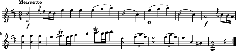 
\relative c' {
  \version "2.18.2"
  \key d \major
  \tempo "Menuetto"
  \tempo 4 = 120
   \time 3/4
 <d d'>2 \f  \grace g'16 (fis8) e16 d 
 g4 g g 
 g (a b)
 d,2 (cis4)
 g'\p (a b)
 d,2 (cis4)
 a2  \f  \grace d16 (cis8) b16 a
 <a g'>4 <a g'> <a g'>
 fis' gis8. \trill fis32 gis a4
 b cis8.\trill b32 cis d4
 <a, e'>2 \tuplet 3/2 {fis'8 (a fis)}
 <a, e'>2 \tuplet 3/2 {fis'8 (a fis)}
 e4 a, gis
 <a, e' a>2 r4\bar ":|."
}
