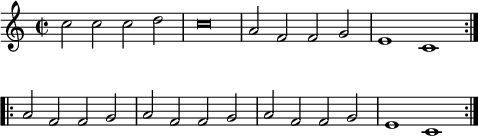 
\language "italiano"
\score {
  \relative do'' {
    \time 2/2
    \cadenzaOn
     \repeat volta 2 { do2 do do re \bar "|" 
     \override Staff.NoteHead.style = #'baroque do\breve \bar "|" la2 fa fa sol \bar "|" mi1 do }  \break
     \override Score.Clef.break-visibility = ##(#f #f #f)
     \repeat volta 2 { la'2 fa fa sol \bar "|" la fa fa sol \bar "|" la fa fa sol \bar "|" mi1 do }
     \cadenzaOff
  }
  \layout {
    \context { \Staff \RemoveEmptyStaves }
    indent = 0\cm
    line-width = #120
    \override Score.BarNumber #'stencil = ##f
  }
}
\header { tagline = ##f}
