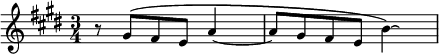 
\score {
\relative c'' { 
\clef G
\key e \major
\time 3/4    
r8 gis\( fis e a4~ | a8 gis fis e b'4\)\laissezVibrer | 
}
\layout{
  indent = 0\cm
  line-width = #110
  \set fontSize = #-1
  \context {
  \Score
  proportionalNotationDuration = #(ly:make-moment 1/20)
  \override SpacingSpanner #'uniform-stretching = ##t
  }%context
} %layout
} %score
\header { tagline = ##f}
