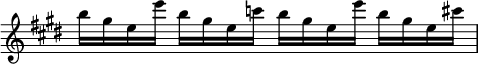 
\language "italiano"
\score {
  \relative do''' {
    \time 4/4
    \key mi \major
    si16 sold mi mi' si sold mi do' si sold mi mi' si sold mi dod' |
}
  \layout {
    \context { \Staff 
               \RemoveEmptyStaves 
               \remove Time_signature_engraver
             }
    \context { \Score
               \override SpacingSpanner.base-shortest-duration = #(ly:make-moment 1/32)
             }

    indent = 0\cm
    line-width = #120
    \override Score.BarNumber #'stencil = ##f
  }
  \midi { }
}
\header { tagline = ##f}
