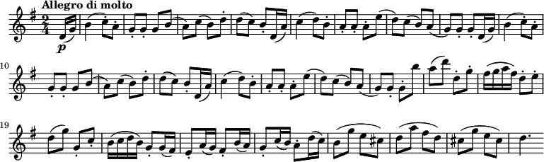 
\relative c' {
 \version "2.18.2"
 \key g \major
 \time 2/4
 \tempo "Allegro di molto"
 \tempo 4 = 140
 \partial 8 d16 \p (g)
 b4 (c8-.) a-.
 g-. g-. g b 
 (a) c (b) d-.
 d (c) b-. d,16 (a')
 c4 (d8) b-.
 a-. a-. a-. e' (d)
 c (b) a (g) g-. g-.
 
 
 d16 (g)
 b4 (c8-.) a-.
 g-. g-. g b 
 (a) c (b) d-.
 d (c) b-. d,16 (a')
 c4 (d8) b-.
 a-. a-. a-. e' (d)
 c (b) a (g) g-. g-.
 b' a (d) d,-. g-.
 fis16 (g a fis) d8-. e-.
 d (g) g,-. c-.
 b16 (c d b) g8-. g16 (fis)
 e8-. a16 (g) fis8-. b16 (a)
 g8-. c16 (b) a8-. d16 (c)
 b8 (g' e cis)
d (a' fis d)
cis (g' e cis)
d4.
}
