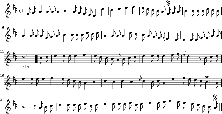 
\relative c' {
  \key d \major
  \time 2/2
  \partial4
  \autoBeamOff
  fis8 g
  a4 a8 a a4 b
  a8 g fis e d4 d'
  cis d e fis
  e8 d cis b a fis\segno g a
  b4 b8 b b d cis b

  a4 a8 a a fis g a
  b4 b8 b b d cis d
  a4 a8 a a4 d8 cis
  b a g fis \appoggiatura fis e4. d8
  d4 d8 d fis fis a a

  d2._"Fin." \bar "|." cis8 d
  e4 e8 e e4 fis
  e8 d cis b a b cis d
  e4 e8 e e4 fis8 g
  \grace fis e2 r8 cis d e
  fis4 fis8 fis fis4 g

  fis8 e d cis b4 cis
  d cis d cis
  \grace e8 d4 cis8 d b4 fis'
  g8 fis e d cis4.\mordent b8
  b2 r8 a b cis

  % tourne

  d4 d8 d d e cis d
  e4 e8 e e fis d e
  fis4 fis8 g a4 g8 fis
  e d cis b a\segno
  \bar "|."
}
