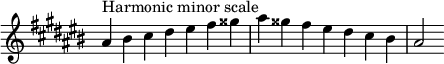  { \override Score.TimeSignature #'stencil = ##f \relative c'' { \clef treble \key ais \minor \time 7/4 ais4^\markup "Scala armonica minore" bis cis dis eis fis gisis ais gisis fis eis dis cis bis ais2 } }
