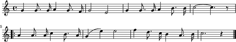 
  \ new Voice \ relative c '' {\ autoBeamOff \ language "tedesco" \ tempo 4 = 120 \ set Score.tempoHideNote = ## t \ new Voice \ relative c '' {\ autoBeamOff \ language "tedesco" \ tempo 4 = 120 \ set Score.tempoHideNote = ## t \ chiave do \ maggiore sol4 sol8.  g16 a4 g8.  f16 g2 e g4 g8.  g16 a4 h8.  h16 c2 ~ c4.  r8 \ ripeti volta 2 {a4 a8.  a16 c4 h8.  a16 g4 (e') e2 f4 d8.  c16 h4 a8.  h16 c2.  r4} \ barra "|."  }}

