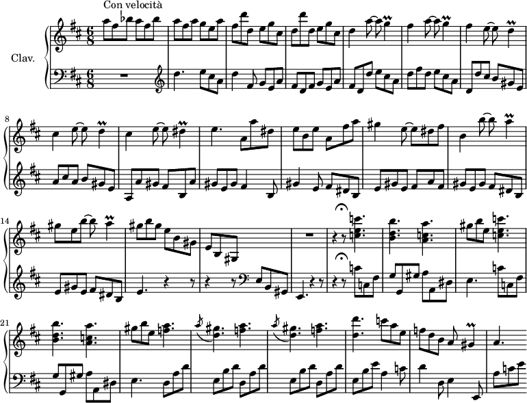 
\version "2.18.2"
\header {
  tagline = ##f
  % composer = "Domenico Scarlatti"
  % opus = "K. 278"
  % meter = "Con velocità"
}

%% les petites notes
trillG      = { \tag #'print { g4\prall } \tag #'midi { a32 g a g~ g8 } }
trillD      = { \tag #'print { d4\prall } \tag #'midi { e32 d e d~ d8 } }
trillDis    = { \tag #'print { dis4\prall } \tag #'midi { e32 dis e dis~ dis8 } }
trillA      = { \tag #'print { a4\prall } \tag #'midi { b32 a b a~ a8 } }
trillGis    = { \tag #'print { gis4\prall } \tag #'midi { a32 gis a gis~ gis8 } }

upper = \relative c'' {
  \clef treble 
  \key d \major
  \time 6/8
  \tempo 4. = 112

      s8*0^\markup{Con velocità}
      \repeat unfold 2 { a'8 fis bes } | a fis a g e a | fis d' d, e g cis, | d d' d, e g cis, | 
      % ms. 5
      d4 \repeat unfold 2 { a'8~ a \trillG | fis4 } \repeat unfold 2 { e8~ e \trillD |
      % ms. 9
       cis4 } e8~ e \trillDis | e4. a,8 a' dis, | e b e a, fis' a | gis4 e8~ e dis fis |
      % ms. 13
      b,4 b'8~ b \trillA | gis8 e b'~ b \trillA | gis8 b gis e b gis | e b gis s4. |
      % ms. 17
      R2. | r4^\markup { \translate #'(1.8 . 0.1) \musicglyph #"scripts.ufermata" } r8 
      % ms. 18
      \repeat unfold 2 { < c' e c' >4. | < b d b' > < a c a' > | gis'8 b e, } < f a >4. | 
      \repeat unfold 2 { \acciaccatura a8 < d, gis >4. < f a > }
      % ms. 25
      < d d' >4. c'8 a e | f d b a \trillGis | a4.

}

lower = \relative c' {
  \clef bass
  \key d \major
  \time 6/8

    % ************************************** \appoggiatura a16  \repeat unfold 2 {  } \times 2/3 { }   \omit TupletNumber 
      R2.   \clef treble | d'4. e8 cis a | d4 fis,8 g e a | fis d fis g e a |
      % ms. 5
      fis8 d d' e cis a | d fis d e cis a | d, d' cis b gis e | a cis a b gis e | 
      % ms. 9
      a, a' gis fis b, a' | gis e gis fis4 b,8 | gis'4 e8 fis dis b | e gis e fis a fis |
      % ms. 13
      gis8 e gis fis dis b | e gis e fis dis b | e4. r4 r8 | r4 r8  \clef bass e,8 b gis | 
      % ms. 17
      e4. r4 r8 | r4^\markup { \translate #'(1.8 . 0.1) \musicglyph #"scripts.ufermata" } r8 \repeat unfold 2 { c''8 c, fis |
      % ms. 21
       g g, gis' a a, dis | e4. } \repeat unfold 2 { d8 a' d | e, b' d } | d,8 a' d |
      % ms. 25
      e, b' e | a,4 c8 | d4 d,8 e4 e,8 | a'8 c e |

}

thePianoStaff = \new PianoStaff <<
    \set PianoStaff.instrumentName = #"Clav."
    \new Staff = "upper" \upper
    \new Staff = "lower" \lower
  >>

\score {
  \keepWithTag #'print \thePianoStaff
  \layout {
      #(layout-set-staff-size 17)
    \context {
      \Score
     \override TupletBracket.bracket-visibility = ##f
     \override SpacingSpanner.common-shortest-duration = #(ly:make-moment 1/2)
      \remove "Metronome_mark_engraver"
    }
  }
}

\score {
  \keepWithTag #'midi \thePianoStaff
  \midi { \set Staff.midiInstrument = #"harpsichord" }
}
