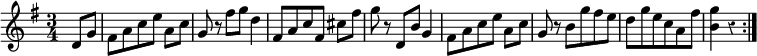 { \override Score.Rest #'style = #'classical \time 3/4 \key g \major \partial 4 \relative d' { \repeat volta 2 { d8 g | fis[ a c e] a, c | g r fis' g d4 | fis,8[ a c fis,] cis' fis | g r d, b' g4 | fis8[ a c e] a, c | g r b g' fis e | d g e c a fis' | <g b,>4 r } } }