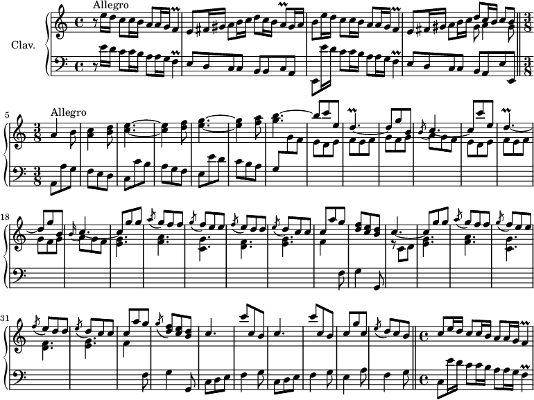 
\version "2.18.2"
\header {
  tagline = ##f
  % composer = "Domenico Scarlatti"
  % opus = "K. 265"
  % meter = "Allegro"
}

%% les petites notes
trillF       = { \tag #'print { f4\prall } \tag #'midi { g32 f g f~ f8 } }
trillA       = { \tag #'print { a8\prall } \tag #'midi { b32 a b a } }
trillDp      = { \tag #'print { d4.\prall~ } \tag #'midi { e32 d e d~ d4~ } }

upper = \relative c'' {
  \clef treble 
  \key a \minor
  \time 4/4
  \tempo 4 = 88
  \set Staff.midiInstrument = #"harpsichord"
  \override TupletBracket.bracket-visibility = ##f

      s8*0^\markup{Allegro}
      r8 e16 d c8 c16 b a8 a16 g \trillF | e8 fis16 gis a8 b16 c d8 c16 b \trillA gis16 a | b8 e16 d c8 c16 b a8 a16 g \trillF |
      % ms. 4
      e8 fis16 gis a8 b16 c << { d8 c16 b c8 b } \\ { gis8  a4 gis8 } >> \bar "||"   \time 3/8 
      % ms. 5
      a4^\markup{Allegro} b8 | < a c >4 < b d >8 | < c e >4.~ | q4 < d f >8 | < e g >4.~
      % ms. 10
      q4 < f a >8 | < g b >4.~ | \stemUp b8 c e, | \trillDp | d8 g b, | \acciaccatura b8 c4.~ c8 c' e, | \trillDp | 
      % ms. 18
      d8 g b, | \appoggiatura b16 c4.~ | c8 g' g | \acciaccatura a8 g8 f f | \acciaccatura g8 f e e | \acciaccatura f8 e8 d d | \acciaccatura e8 d8 c c | 
      % ms. 25
      c8 a' g | < d f >8 < c e > < b d > | c4.~ | c8 g' g | \acciaccatura a8 g8 f f | \acciaccatura g8 f e e | \acciaccatura f8 e8 d d |
      % ms. 32
      \acciaccatura e8 d8 c c |  c8 a' g | \acciaccatura g8 < d f >8 < c e > < b d > | c4. | c'8 c, b | c4. | c'8 c, b |
      % ms. 39
      c8 g' c, | \acciaccatura e8 d8  \tempo 4. = 76 c  \tempo 4 = 64 b   \tempo 4 = 88 | c8 e16 d c8 c16 b a8 a16 g \trillF |

}

lower = \relative c' {
  \clef bass
  \key a \minor
  \time 4/4
  \set Staff.midiInstrument = #"harpsichord"
  \override TupletBracket.bracket-visibility = ##f

    % ************************************** \appoggiatura a16  \repeat unfold 2 {  } \times 2/3 { }   \omit TupletNumber 
      r8 e16 d c8 c16 b a8 a16 g \trillF | e8 d c c b b c a | e e''16 d c8 c16 b a8 a16 g \trillF |
      % ms. 4
      e8 d c c b a \tempo 4 = 76 e'   \tempo 4 = 64 e, | \tempo 4. = 90 \time 3/8  a8 a' g | f e d | c c' b | a g f | e e' d |
      % ms. 10
      c8 b a | g \stemDown \change Staff = "upper" g' f | \repeat unfold 2 { e d e | f e f | g f g | a g f } | 
      % ms. 20
      < e g >4. < f a > < c g' > < d f > < e g >
      % ms. 25
      f4 \stemNeutral \change Staff = "lower" f,8 | g4 g,8 | \stemDown \change Staff = "upper" r8 c'8 d | < e g >4. < f a > < c g' > < d f > 
      % ms. 32
      < e g >4. | f4 \stemNeutral \change Staff = "lower" f,8 | g4 g,8 | \repeat unfold 2  { c8 d e | f4 g8 } |
      % ms. 39
      e4 a8 | f4 g8  \bar "||"   \time 4/4    \tempo 4 = 88
      % ms. 41
      c,8 e'16 d c8 c16 b a8 a16 g \trillF |

}

thePianoStaff = \new PianoStaff <<
    \set PianoStaff.instrumentName = #"Clav."
    \new Staff = "upper" \upper
    \new Staff = "lower" \lower
  >>

\score {
  \keepWithTag #'print \thePianoStaff
  \layout {
      #(layout-set-staff-size 17)
    \context {
      \Score
     \override SpacingSpanner.common-shortest-duration = #(ly:make-moment 1/2)
      \remove "Metronome_mark_engraver"
    }
  }
}

\score {
  \keepWithTag #'midi \thePianoStaff
  \midi { }
}
