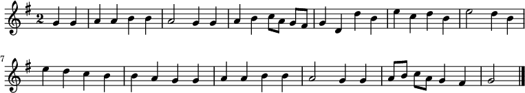 
\relative c'' {
  \key g \major
  \override Staff.TimeSignature #'style = #'single-digit
  \time 2/2
  \partial 2

  %deux lignes pour régler les ligatures des croches.
  \set Timing.baseMoment = #(ly:make-moment 1 8)
  \set Timing.beatStructure = #'(2 2 2 2)

  g4 g
  a a b b
  a2 g4 g
  a b c8 a g fis
  g4 d d' b
  e c d b
  e2 d4 b
  e d c b

  b a g g
  a a b b
  a2 g4 g
  a8 b c a g4 fis
  g2
  \bar "|."
}
