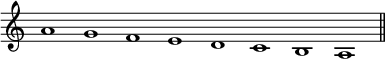 { \override Score.TimeSignature #'stencil = ##f \relative a' { \cadenzaOn a1 g f e d c b a \bar "||" } }