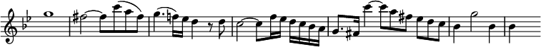 { \override Score.TimeSignature #'stencil = ##f \time 4/4 \key bes \major \relative g'' { \override TupletNumber #'stencil = ##f g1 | fis2 ~ fis8 c'( a fis) | g4.( f!16) ees d4 r8 d | c2 ~ c8 f16 ees d c bes a | g8. fis16 c''4 ~ \times 2/3 { c8 a fis } \times 2/3 { ees d c } | bes4 g'2 bes,4 | bes s } }