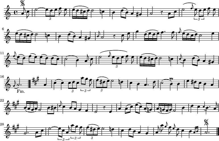 
\relative c'' {
  \override Rest #'style = #'classical
  \key a \minor
  \time 4/4
  \partial 4
  \autoBeamOff
  a8\segno c
  e2~\times 2/3 { e8[ d e] } f e
  e16[( d cis d]) d2 c4
  b d8[( b]) a4 gis
  a2 r4 a8[ c]
  e2( \grace f8 \times 2/3 { e) d[ e] } f e

  e16[( d cis d]) d2 c4
  b d8[( b]) a4 gis
  \grace b8 a2 r4 c8 e
  g4 d16[( e d e]) f4. f8
  \grace f e16[( d c d]) c2 e4
  \appoggiatura f8 e[( d]) f[( e]) e[( d]) d[( c])

  c2( b4) a8 c
  e2( \grace f8 \times 2/3 { e[ d e] } f) e
  e16[( d cis d]) d2 c4
  \appoggiatura c8 b4 d8[( b]) a4 gis
  \appoggiatura g8 a2._"Fin." \bar "|." \key a \major a4
  cis( cis) \times 2/3 { cis8[ d cis] } \times 2/3 { a'[ gis] fis }

  \times 2/3 { fis[( dis e]) } e2 d4
  cis b a4. d8
  cis2( b4)\prall b
  e dis8[ cis] b4 a
  b16[( a gis a]) gis2 b8[ bis]
  \grace d8 cis4 b8[ a] gis4 fis
  e2 r4 e
  a a8[( cis]) e[( cis]) a[( g])

  % tourne
  a16[( g fis g]) fis2 b4
  d cis \appoggiatura cis4 b4. a8
  gis2. a8[ cis]
  e2~ \times 2/3 { e8[ cis] a } \times 2/3 { a'[ gis] fis }
  \times 2/3 { fis[( dis e]) } e2 d4
  cis d8[ b] a4 gis
  a8 a' \grace gis fis \grace e  d cis4 \afterGrace b { a16[ b ] }
  a2.\segno
  \bar "|."
}
