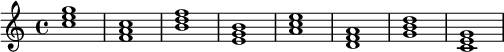 \relative c' {<c'e g>1 <f,a c> <b d f> <e,g b> <a c e> <d,f a> <g b d> <c, e g>}