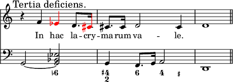 
\version "2.14.2"
\header {
  tagline = ##f
        }
melody = \relative c' {
  \override Score.TimeSignature.stencil=##f
  \key c \major
  \time 2/2
  \tempo 4 = 72
\once \override Score.RehearsalMark.self-alignment-X = #LEFT \mark "Tertia deficiens." r4 f \tweak NoteHead.color #red \tweak Stem.color #red \tweak Accidental.color #red es d8. \tweak NoteHead.color #red \tweak Stem.color #red \tweak Accidental.color #red cis16 | cis8. cis16 d2 cis4 | d1 \bar "||" }

\addlyrics { In hac la -- cry -- ma -- rum va -- le. }

bass = \relative c {
  \override Score.TimeSignature.stencil=##f
  \clef bass
  \key c \major
  \time 2/2
  \tempo 4 = 72
g2~ <g bes es> | g4 f8. g16 a2 d,1 }

\score {  
   \new pianoStaff
    << \new Staff = "melody" \melody
       \new Staff = "bass" \bass
       \new FiguredBass { \figuremode { s2 <6->2 <4+ 2>4 <6>4 | <4> <_+> } } >>
  \layout {
\override Staff.TimeSignature.transparent =##t
    \context {
      \Score
      \remove "Metronome_mark_engraver"
      \remove "Staff_collecting_engraver"
      \remove "Bar_number_engraver"
    }
  indent = 0
  }
  \midi { }
}
