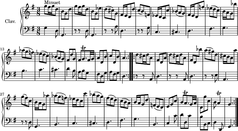 
\version "2.18.2"
\header {
 tagline = ##f
 % composer = "Domenico Scarlatti"
 % opus = "K. 80"
 % meter = "Minuet"
}

%% les petites notes
trillGqp = { \tag #'print { g8.\trill } \tag #'midi { a32 g a g~ g16 } }
trillAqp = { \tag #'print { a8.\trill } \tag #'midi { b32 a b a~ a16 } }
trillA = { \tag #'print { a4\trill } \tag #'midi { b32 a b a~ a8 } }

upper = \relative c'' {
 \clef treble 
 \key g \major
 \time 3/8
 \tempo 4. = 60
 \set Staff.midiInstrument = #"harpsichord"
 \override TupletBracket.bracket-visibility = ##f

 \repeat volta 2 {
 s8*0^\markup{Minuet}
 g'8 fis16 g d8 | b g d' | g8 fis16 g d8 | b g ees' | d( cis) g | fis16 e d8 d'
 % ms. 7
 c( b) f | ees16 d c8 c' | bes( a g) | fis16 e d8 f' | ees( d c) | b16 a g8 bes' | aes( g f) | 
 % ms. 14
 ees8( d c) | bes( a g) | fis d' g, | fis \trillGqp fis32 g | a8 d, b' | c d, b' | \tempo 4. = 40 a4. \tempo 4. = 60 }%repet
 \repeat volta 2 {
 % ms. 21
 d8 cis16 d a8 | fis d a' | d8 cis16 d a8 | \stemUp fis d \stemDown bes'' | \stemNeutral a( gis) d | cis16 b a8 a' |
 % ms. 27
 g( fis) c | b16 a g8 aes' | aes( g f ) | ees16 d c8 c' | bes8( a g) | fis( e d) | c( b a) |
 % ms. 34
 b16 a g8 d' | f,( e d) | e g c | b \trillAqp g32 a | d,8 g' c, | b \trillA | g4. }%repet

}

lower = \relative c' {
% <<
 \clef bass
 \key g \major
 \time 3/8
 \set Staff.midiInstrument = #"harpsichord"
 \override TupletBracket.bracket-visibility = ##f

 \repeat volta 2 {
 % ************************************** \appoggiatura a16 \repeat unfold 2 { } \times 2/3 { } \omit TupletNumber 
 g4 d8 | g,4. | r8 r8 d'8 | g,4. | r8 r8 a'8 | d,4. |
 % ms. 7
 r8 r8 g8 | c,4. | cis d fis g b
 % ms. 14
 c4. cis | d4 b8 | a8 b g | fis d g | a fis g | d4. }%repet
 \repeat volta 2 {
 % ms. 21
 \repeat unfold 2 { r8 r8 a8 | d4. } | r8 r8 e8 | a,4. |
 % ms. 27
 r8 r8 d8 | g,4. | b c cis d fis |
 % ms. 34
 g4. b, | c4 c'8 | d d, c' | b b, c | d4 \tempo 4. = 45 d,8 | g4. \tempo 4. = 60 }%repet

% \new FiguredBass {
% \figuremode {
% s8 s2. < _+ >2.
% }
% >>
}


thePianoStaff = \new PianoStaff <<
 \set PianoStaff.instrumentName = #"Clav."
 \new Staff = "upper" \upper
 \new Staff = "lower" \lower
 >>

\score {
 \keepWithTag #'print \thePianoStaff
 \layout {
 #(layout-set-staff-size 17)
 \context {
 \Score
 \override SpacingSpanner.common-shortest-duration = #(ly:make-moment 1/2)
 \remove "Metronome_mark_engraver"
 }
 }
}

\score {
 \unfoldRepeats
 \keepWithTag #'midi \thePianoStaff
 \midi { }
}
