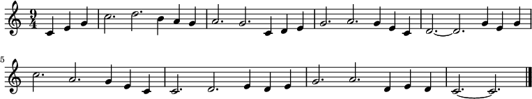 
 \relative c' {\set Staff.midiInstrument = #"oboe" \set Score.tempoHideNote = ##t \tempo 4 = 150
   \key c \major
   \time 9/4
  \partial 4*3 c4 e g
  c2. d b4 a g a2. g c,4 d e g2. a g4 e c d2. ~ d g4 e g
  c2. a g4 e c c2. d e4 d e g2. a d,4 e d c2. ~ c
  \bar "|."
  }
 