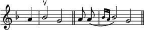 
\language "italiano"
porteeA = \relative do'' {
  \key fa \major \stemUp
  \partial 4 la4 | sib2^\ltoe sol \bar "||" \cadenzaOn la8 la8( s \bar "|" \grace { sib16[ la] } sib2) sol \bar "||" 
}
\score {
   \porteeA
  \layout {
    \context { \Staff \RemoveEmptyStaves 
                      \remove Time_signature_engraver
    }
    indent = 0\cm
    \override Score.BarNumber #'stencil = ##f
    line-width = #120
  }
 }
\header { tagline = ##f}
