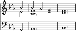 { \override Score.TimeSignature #'stencil = ##f \time 3/2 \key ees \major \partial 2 << \relative b' << { bes2 bes aes <g ees> <f d>1. } \\ { ees2 c1. } \\ { s2 f1 } >> \new Staff { \clef bass \key ees \major \relative g, { g2 aes1. bes } } >> }