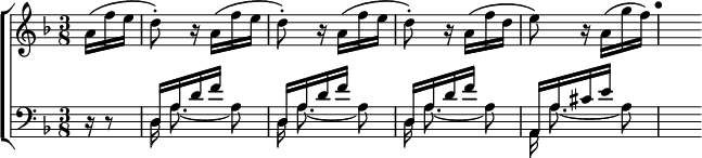 \new ChoirStaff <<
  \new Staff \relative a' { \key d \minor \time 3/8 \partial 8.
    \repeat unfold 3 { a16\( f' e | d8-.\) r16 } a\( f' d |
    e8\) r16 a,\( g' f | \mark "•" s\) }
  \new Staff \relative d { \clef bass \key d \minor \mergeDifferentlyDottedOn
    r16 r8 | << { \repeat unfold 3 { d16 a' d f s8 } a,,16 a' cis e s8 }
    \\ { \autoBeamOff d,16 a'8. _~ a8 d,16 a'8. _~ a8 d,16 a'8. _~ a8 a,16 a'8. ~ a8 } >> s16 } >>