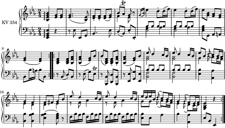 
\version "2.14.2"
\header {
  tagline = ##f
}
upper = \relative c'' { 
         \clef "treble"          
         \key ees \major
         \time 2/4 
         \tempo 4 = 72                 
         \set Staff.midiInstrument = #"piano"

  \repeat volta 2 {
         <bes, ees g bes>4\arpeggio <ees g>8 <ees g>
         <ees g>4. (<bes ees>8)
         <d f>-. <d f>-. <d f> (<ees g>)
         <<{ \stemDown f4 ees8}  \\ { \stemUp bes'8 ^ (aes ^ \trill)  g}>> r8 
          \grace {g16 (bes} ees4) d8-. d16 (f)
         ees4 d8-. d16 (f)
         ees8 <g, bes> <f aes> <ees g>
         <ees g>4 (<d f>)
          }
  \repeat volta 2 { 
          <bes d f>4 <bes d f>8 <bes f' aes>
          <bes  f' aes>4 (<ees g>8) bes'
          bes ( <bes, d f>8)  <bes d f>-.  <bes  f' aes>-.
           <bes f' aes>4 ( <ees g>8) bes'
           <<  {\stemDown <f aes>2}  \\ { \stemUp ees'8 d4 c16 bes}>>
           <<  {\stemDown <f aes>2}  \\ { \stemUp ees'8 d4 c16 bes}>>
           <<  {\stemDown g4 \grace bes16 (aes8) g16 f ees4 d d ees}  \\ { \stemUp ees'8 bes  \grace d16 ( c8) bes16 aes g4 f f8 fis g bes}>>
            << { \stemUp  ees8 d4 c16 bes ees8 d4 c16 bes ees d ees bes  \grace d16 (c8) bes16 aes g4  \grace g16 (f8) ees16 f}   \\   {\stemDown r8 f aes4 r8 f aes4 g8 g  \grace bes16 (aes8) g16 f ees4  \grace ees16 (d8) c16 d}>>
            <g, bes ees>4 r
       }

}

lower = \relative c {
        \clef "bass" 
        \key ees \major
        \time 2/4 
        \set Staff.midiInstrument = #"piano"
  
  \repeat volta 2 { 
    <ees, g bes ees>4 \arpeggio  r
    r8 ees' ees, g
    bes4. ees8
    d (bes) ees-. ees,-.
    <<  {\stemDown ees'2}  \\ { \stemDown g4 aes}  \\ { \stemUp bes8 bes bes bes}>>
    <<  {\stemDown ees,2}  \\ { \stemDown g4 aes}  \\ { \stemUp bes8 bes bes bes}>>
    < ees, g bes>8 g, aes a
    bes bes'16 a bes8 bes,
  } 
  \repeat volta 2 {
    r8 bes8 (d) bes
    r ees (g) ees \trill
    r <bes, bes'> <d d'> <bes bes'>
    r <ees ees'> <g g'> <ees ees'>
    <<  { \stemDown<bes' f'>2}  \\ { \stemUp bes'8 bes bes bes}>>
     <<  { \stemDown<bes, f'>2}  \\ { \stemUp bes'8 bes bes bes}>>
     <ees, bes'>4 <aes, aes'>
     <bes bes'> <bes aes' bes>
     <ees aes bes>4 (<ees g bes>8) r
     \repeat unfold 4 {f16 bes aes bes}
     <ees, bes'>8 ees aes4
     bes <aes, aes'>
     ees'8 bes ees,4  
  }  
}
\score {
  \new PianoStaff <<
    \set PianoStaff.instrumentName = #"KV 354"
    \new Staff = "upper" \upper
    \new Staff = "lower" \lower
  >>
  \layout {
    \context {
      \Score
      \remove "Metronome_mark_engraver"
    }
  }
  \midi { }
}
