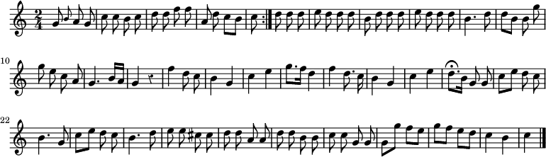 
\relative c'' {
  \override Rest #'style = #'classical
  \time 2/4
  \partial 4.
  \autoBeamOff
  \repeat volta 2 {
    g8 \grace b a g %moins demi-soupir dans l'anacrouse, qui ne colle pas avec la reprise.
    c c b c
    d d f f
    a, d c[ b]
    c
  }
  d d d
  e d d d
  b d d d
  e d d d
  b4. d8
  d[ b] b g'
  g e c a
  g4. b16[ a]
  g4 r
  f' d8 c
  b4 g
  c e
  g8.[ f16] d4
  f d8. c16
  b4 g
  c e
  d8.[\fermata b16] g8 g
  c[ e] d c
  b4. g8
  c8[ e] d c
  b4. d8
  e e cis cis
  d d a a
  d d b b
  c c g g
  \autoBeamOn g g' f e
  g f e d
  c4 b
  c
  \bar "|."
}
