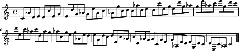 
{

\modalTranspose c c' { c d e g aes } { c8 aes d e } 
\modalTranspose c d' { c d e g aes } { c aes d e } 
\modalTranspose c e' { c d e g aes } { c aes d e } 
\modalTranspose c g' { c d e g aes } { c aes d e } 
\modalTranspose c aes' { c d e g aes } { c aes d e } 
\modalTranspose c c'' { c d e g aes } { c aes d e } 
\modalTranspose c d'' { c d e g aes } { c aes d e } 
\modalTranspose c e'' { c d e g aes } { c aes d e } 
\modalTranspose c g'' { c d e g aes } { c aes d e } 

\modalInversion c e''' { c d e g aes } { c aes d e } 
\modalInversion c d''' { c d e g aes } { c aes d e } 
\modalInversion c c''' { c d e g aes } { c aes d e } 
\modalInversion c aes'' { c d e g aes } { c aes d e } 
\modalInversion c g'' { c d e g aes } { c aes d e } 
\modalInversion c e'' { c d e g aes } { c aes d e } 
\modalInversion c d'' { c d e g aes } { c aes d e } 
\modalInversion c c'' { c d e g aes } { c aes d e } 
\modalInversion c aes' { c d e g aes } { c aes d e } 
\modalInversion c g' { c d e g aes } { c aes d e } 
\modalInversion c e' { c d e g aes } { c aes d e } 
\modalInversion c d' { c d e g aes } { c aes d e } 

c'2

\bar "|."
}
