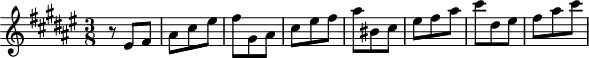 
\header {
 tagline = ##f
}

\score {
 \new Staff \with {

 }
<<
 \relative c' {
 \clef treble
 \key fis \major
 \time 3/8
 \tempo 8 = 128
 %\autoBeamOff
 \set Staff.midiInstrument = #"string ensemble 1"

 %%%%%%%%%%%%%%%%%%%%%%%%%% AB 9-2 th2
 r8 eis8 fis ais cis eis fis gis, ais cis eis fis ais bis, cis eis fis ais cis dis, eis fis ais cis

 }
>>
 \layout {
 \context { \Score \remove "Metronome_mark_engraver"
 }
 }
 \midi {}
}
