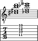  
<<
  %\override Score.BarLine.break-visibility = ##(#f #t #t)
  \time 2/1
    \new Staff  {
    \clef "treble_8"
        \once \override Staff.TimeSignature #'stencil = ##f
        <  cis' eis' b' d''>1 | <  des' f' ces'' eeses''>1 |
    }

     \new TabStaff {
       \override Stem #'transparent = ##t
       \override Beam #'transparent = ##t 
      s2 <  cis'\4 f'\3 b'\2 d''\1>1 s2
  }
>>
