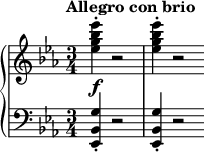 {\new PianoStaff <<\new Staff << \relative c'' {\clef treble\key ees \major\time 3/4\tempo "Allegro con brio" \tempo 2 = 80<ees g bes ees>4-.(_\f r2 q4-. r2 \bar "" } >>\new Staff << \relative c {\clef bass\key ees \major\time 3/4<ees, bes' g'>4-. r2 q4-. r2 \bar "" } >>>>}