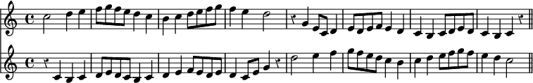 { \override Score.Rest #'style = #'classical \time 4/4 << \relative c'' { c2 d4 e | f8 g f e d4 c | b c d8 e f g | f4 e d2 | r4 g, e8 c d4 | e8 d e f e4 d | c b c8 d e d | c4 b c r \bar "||" }
\new Staff { \relative c' { r4 c b c | d8 e d c b4 c | d e f8 e d e | d4 c8 e g4 r | d'2 e4 f | g8 f e d c4 b | c d e8 f g f | e4 d c2 | } } >> }