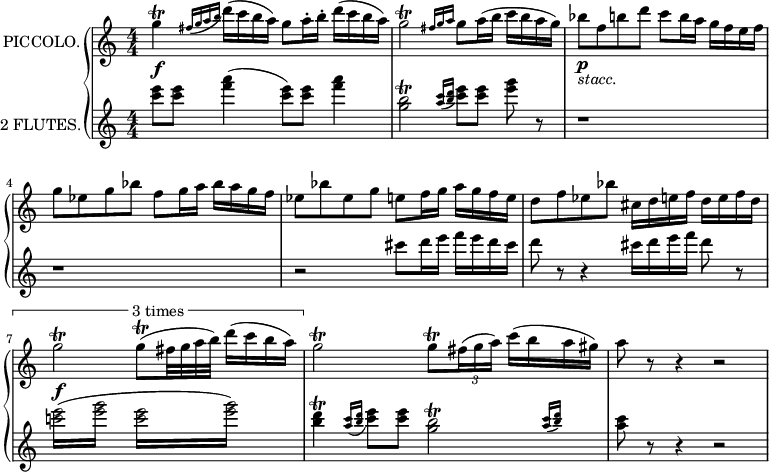 
\new GrandStaff <<
  \new Staff = "piccolo" \with {
    instrumentName = "PICCOLO."
    midiInstrument = "flute"
  } \relative c'' {
    \transposition c'
    \numericTimeSignature
    \override TupletBracket.bracket-visibility = ##f
    g'4\trill\f \appoggiatura {fis16 g a b} d16( c b a) g8 a16\staccato b\staccato d( c b a)
    g2\trill \grace {fis16 g a} g8 a16( b c b a g)
    bes8\p_\markup {\italic "stacc."} f b d c b16 a g f e f
    g8 ees g bes f g16 a bes a g f
    ees8 bes' ees, g e f16 g a g f e
    d8 f ees bes' cis,16 d e f d e f d
    \tweak text "3 times"
    \tweak direction #UP
    \startMeasureSpanner
    g2\trill\f g8(\trill fis32 g a b) d16( c b a)
    \stopMeasureSpanner
    g2\trill g8\trill \tuplet 3/2 {fis16( g a)} c( b a gis)
    a8 r r4 r2
  }
  \new Staff = "flute" \with {
    instrumentName = "2 FLUTES."
    midiInstrument = "flute"
  } \relative c'' {
    \numericTimeSignature
    <c' e>8 <c e> <f a>4( <c e>8) <c e> <f a>4
    \autoBeamOff
    <g, b>2\trill \appoggiatura {<a c>16[ <b d>]} <c e>8[ <c e>] <e g> r
    \autoBeamOn
    r1
    r1
    r2 cis8 d16 e f e d cis
    d8 r r4 cis16 d e f d8 r
    \repeat tremolo 4 {<c! e>16( <e g>16} \repeat tremolo 4 {<c e>16 <e g>16)}
    <b d>4\trill \appoggiatura {<a c>16 <b d>} <c e>8 <c e> \afterGrace <g b>2\trill {<a c>16( <b d>)}
    <a c>8 r r4 r2
  }
>>
\layout {
  indent = 2\cm
  \context {
    \Staff
    \consists Measure_spanner_engraver
  }
}
