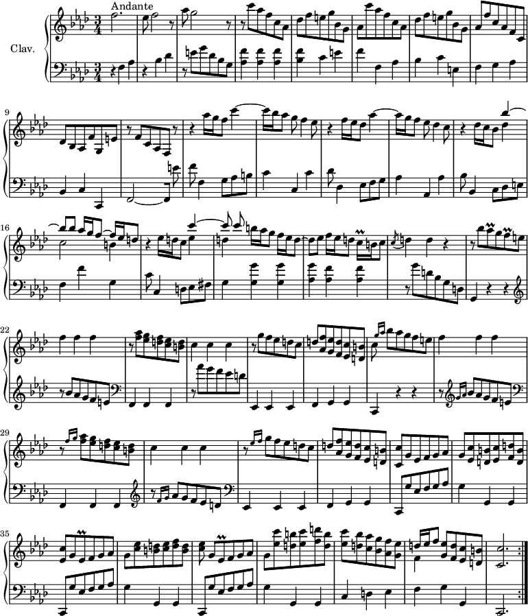 
\version "2.18.2"
\header {
  tagline = ##f
  % composer = "Domenico Scarlatti"
  % opus = "K. 462"
  % meter = "Andante"
}

%% les petites notes
trillCqq     = { \tag #'print { c16\prall } \tag #'midi { \times 2/3 { c32 d c } } }
trillAesq    = { \tag #'print { aes8\prall } \tag #'midi { \times 2/3 { bes32 aes bes } aes16 } }
trillFq      = { \tag #'print { f8\prall } \tag #'midi { \times 2/3 { g32 f g } f16 } }
trillEesq    = { \tag #'print { ees8\prall } \tag #'midi { \times 2/3 { f32 ees f } ees16 } }

upper = \relative c'' {
  \clef treble 
  \key f \minor
  \time 3/4
  \tempo 4 = 72
  \set Staff.midiInstrument = #"harpsichord"
  \override TupletBracket.bracket-visibility = ##f

  \repeat volta 2 {
      s8*0^\markup{Andante}
      f2. | ees8 f2 r8 | aes8 g2 r8 | r8 \repeat unfold 2 { c8 aes f c aes | 
      % ms. 5
      des8 f e g bes, g | aes } f' c aes f c | des bes aes f' g, e' |
      % ms. 10
      r8 f8 c aes f r8 | r4 aes''16 g f8 c'4~ | c16 bes aes8 g f4 ees8 | r4 f16 ees des8 aes'4~ | aes16 g f8 ees des4 c8 |
      % ms. 15
      r4 des16 c bes8 << { bes'4~ | bes8 bes aes16 g f8~ f16 ees d8 } \\ { des4 | c2 b4 } >> | r4 ees16 d c8 << { c'4~ | c8 c  } \\ { ees,4 | d4 } >> b'16 aes g8 f16 ees d8~
      % ms. 19
      d8 ees f16 ees d8 \trillCqq b16 c8 | \acciaccatura c8 d4 d r4 | r8 bes'8  \trillAesq g \trillFq e8 | f4 f f |
      % ms. 23
      r8 < f aes >8 < ees g >8 < d f >8 < c ees >8 < b d >8  | c4 c c | r8 g'8 f ees d c | d < aes f' > < g ees' > < f d' > < ees c' > < d b' > | c'8 \grace {   \tempo 4 = 40 g'16 aes }   \tempo 4 = 72 bes8 aes g f e | 
      % ms. 28
      f4 f f | r8 \grace {   \tempo 4 = 40 f16 g }   \tempo 4 = 72 < f aes >8 < ees g > < d f > < c ees > < b d > | c4 c c | r8 \grace {   \tempo 4 = 40 ees16 f }   \tempo 4 = 72 g8 f ees d c |
      % ms. 32
      d8 < aes f' > < g ees' > < f d' > < ees c' > < d b' > | < c c' > g' ees f g aes | g < ees c' > < d b' > < ees c' > < f d' > < d b' > | < ees c' > g \trillEesq f g aes | g < c ees > < b d > < c ees > < d f > < b d > |
      % ms. 37
      < c ees >8 g[ \trillEesq f8 g aes] | g < ees' c' > < d b' > < ees c' > < f d' > < d b' > | < ees c' > < d bes' > < c aes' > < bes g' > < aes f' > < g ees' > | << { d'16 ees f8 } \\ { f,4 } >> < g ees' >8 < f d' > < ees c' > < d b' > | < c c' >2. }%repet

}

lower = \relative c' {
  \clef bass
  \key f \minor
  \time 3/4
  \set Staff.midiInstrument = #"harpsichord"
  \override TupletBracket.bracket-visibility = ##f

  \repeat volta 2 {
    % ************************************** \appoggiatura a16  \repeat unfold 2 {  } \times 2/3 { }   \omit TupletNumber 
      r4 f,4 aes | r4 bes4 des | r8 e8 g des bes g | < aes f' >4 q q |
      % ms. 5
      < bes f' >4 c e! | f f, aes | bes c e, | f g aes | bes, c c, |
      % ms. 10
      f2~[ f8] e'' | f f,4 g8 aes b | c4 c, c' | des8 des,4 ees8 f g | aes4 aes, aes' |
      % ms. 15
      bes8 bes,4 c8 des e | f4 f' g, | c8 c,4 d8 ees fis | g4 < g g' > q |
      % ms. 19
      < aes g' >4 < aes f' > q | r8 g'8 d bes g d | g,4 r4 r4 |   \clef treble r8 bes''8 aes g f e   \clef bass |
      % ms. 23
      f,,4 f f | r8 aes''8 g f ees d | ees,,4 ees ees | f g g | c, r4 r4 | r8  \clef treble  \grace { g'''16 aes } bes8 aes g f e \clef bass |
      % ms. 28
      f,,4 f f   \clef treble  | r8 \grace { f''16 g } aes8 g f ees d   \clef bass | ees,,4 ees ees |
      % ms. 32
      f4 g g | \repeat unfold 3 { c,8 g'' ees f g aes | g4 g, g } |
      % ms. 39
      c4 d ees | f g g, | c,2. }%repet

}

thePianoStaff = \new PianoStaff <<
    \set PianoStaff.instrumentName = #"Clav."
    \new Staff = "upper" \upper
    \new Staff = "lower" \lower
  >>

\score {
  \keepWithTag #'print \thePianoStaff
  \layout {
      #(layout-set-staff-size 17)
    \context {
      \Score
     \override SpacingSpanner.common-shortest-duration = #(ly:make-moment 1/2)
      \remove "Metronome_mark_engraver"
    }
  }
}

\score {
  \unfoldRepeats
  \keepWithTag #'midi \thePianoStaff
  \midi { }
}
