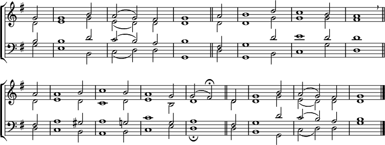 
\new ChoirStaff <<
  \new Staff { \clef treble \time 3/2 \key g \major \partial 2 \set Staff.midiInstrument = "church organ" \omit Staff.TimeSignature \set Score.tempoHideNote = ##t \override Score.BarNumber  #'transparent = ##t
  \relative c''
  << { g2 | 1 b2 | a( g) fis | g1 \bar"||" 
       a2 | b1 d2 | c1 b2 | a1 \breathe \bar"||" \break
       a2 | 1 b2 | c1 b2 | a1 g2 | g( fis) \fermata \bar"||" 
       d | g1 b2 | a( g) fis) | g1 \bar"|." } \\
  { d2 | e1 g2 | e( d) d | d1 2 | 1 g2 | 1 2 | fis1
    d2 | e1 d2 | c1 d2 | e1 b2 | d1 2 | 1 g2 | e( d) d | d1 } >>
  } 
\new Staff { \clef bass \key g \major \set Staff.midiInstrument = "church organ" \omit Staff.TimeSignature
  \relative c'
  << { b2 | 1 d2 | c( b) a | b1 fis2 | g1 d'2 | e1 d2 | 1
       fis,2 | a1 gis2 | a1 g!2 | c1 g2 | a1 fis2 | g1 d'2 | c( b) a | b1 } \\
  { g2 | e1 b2 | c( d) d | g,1 d'2 | g,1 b2 | c1 g'2 | d1
    d2 | c1 b2 | a1 b2 | c1 e2 | d1 \fermata 2 | b1 g2 | c( d) d | g1 } >>
  } 
>>
\layout { indent = #0 }
\midi { \tempo 2 = 90 }
